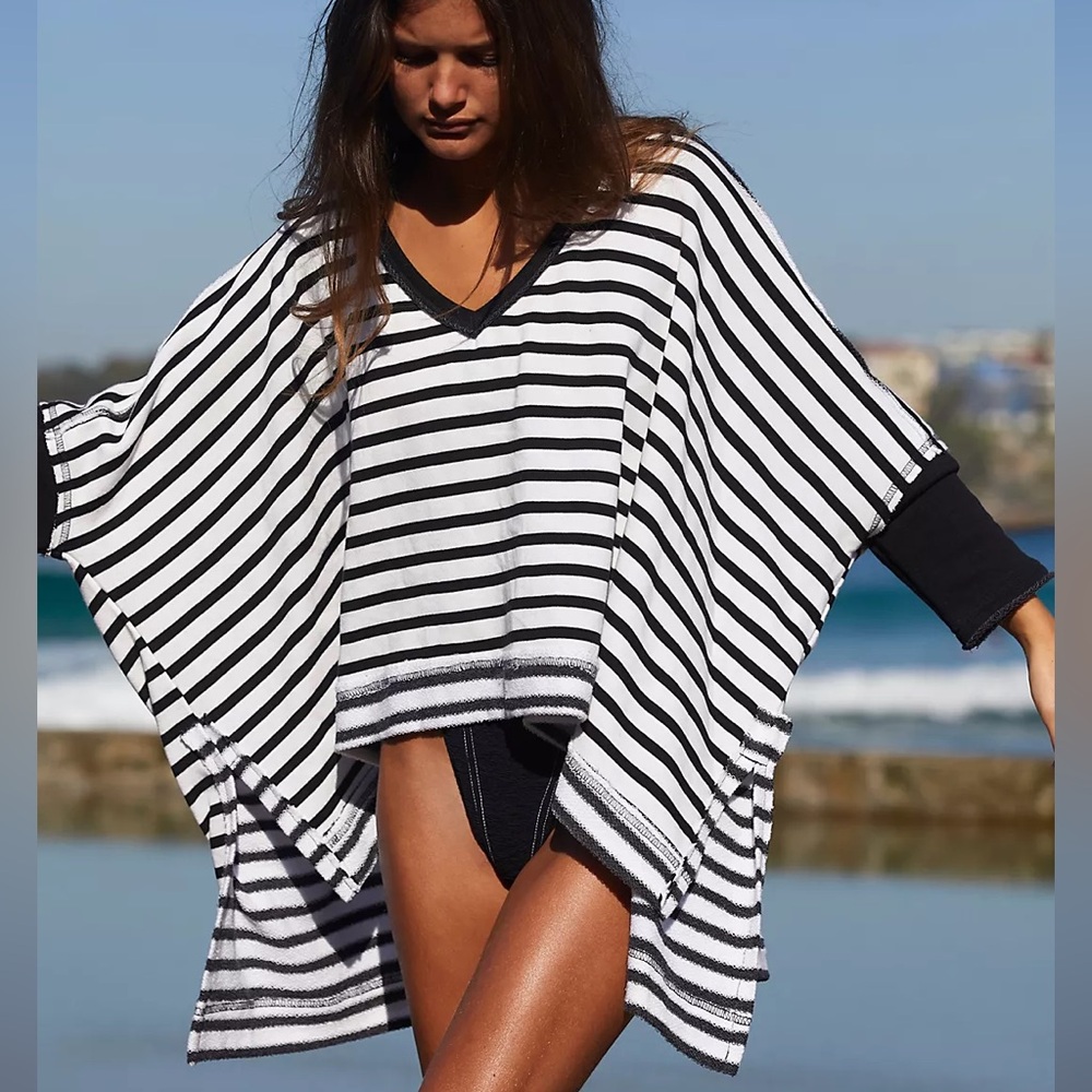 Free People Black and White Striped V-Neck Oversized Sweater